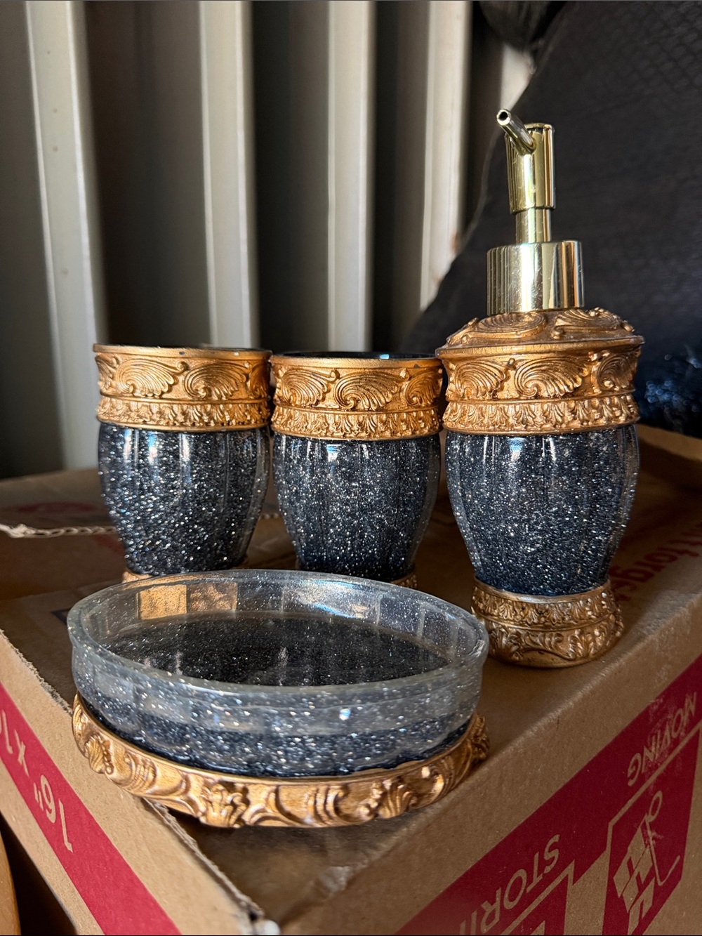 Gold Accent Black Glitter Bathroom Accessory Set - Unbranded